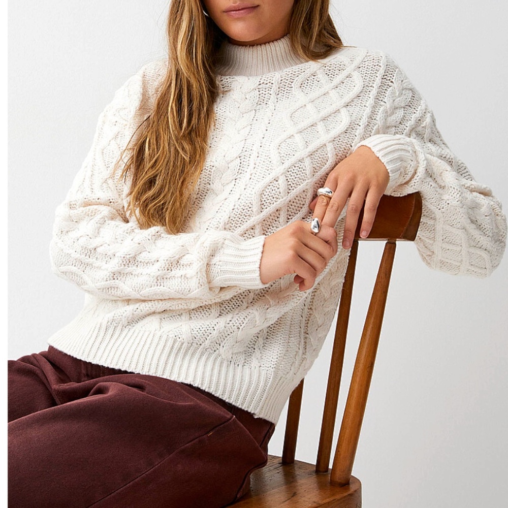 Off white mock-neck cable-knit soft cozy sweater NWT